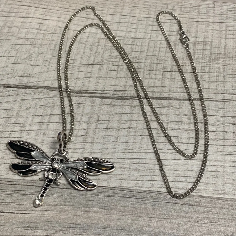 Silver Tone Dragonfly Pendant Necklace Black White Enamel Rhinestone 36 Inch